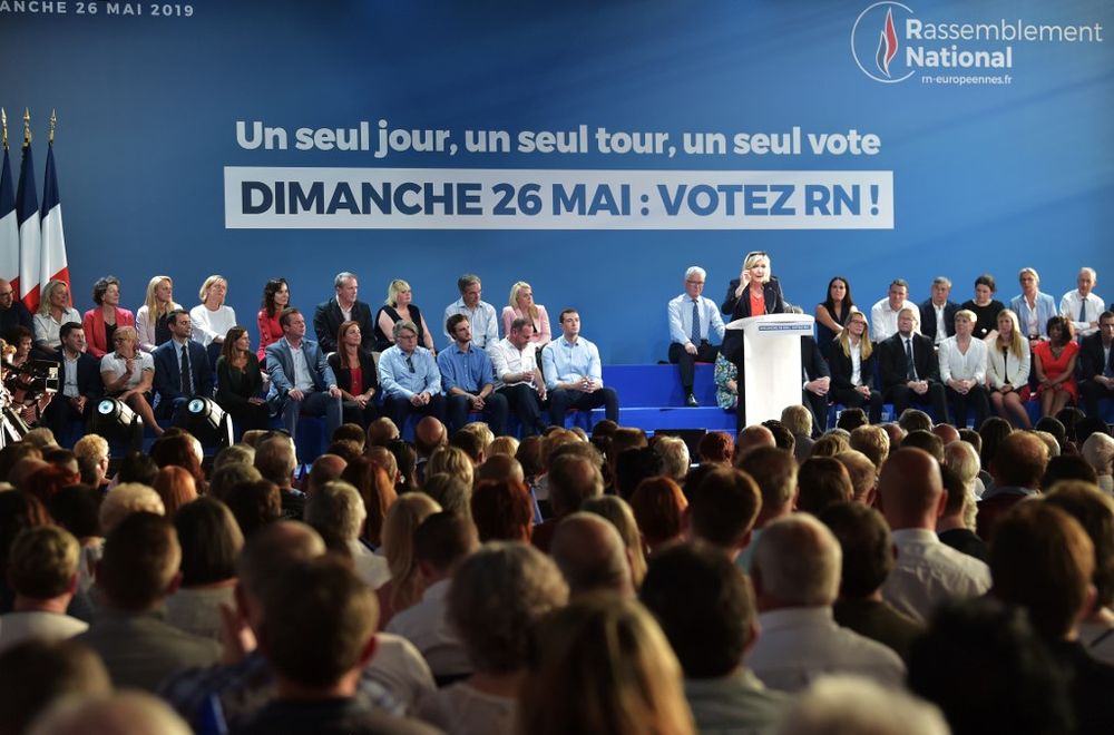 French far-right Rassemblement National (RN) President and member of Parliament Marine Le Pen (centre) delivers a speech at a RN campaign rally in Henin-Beaumont, northern France, on May 24, 2019. u00e2u20acu201d AFP pic