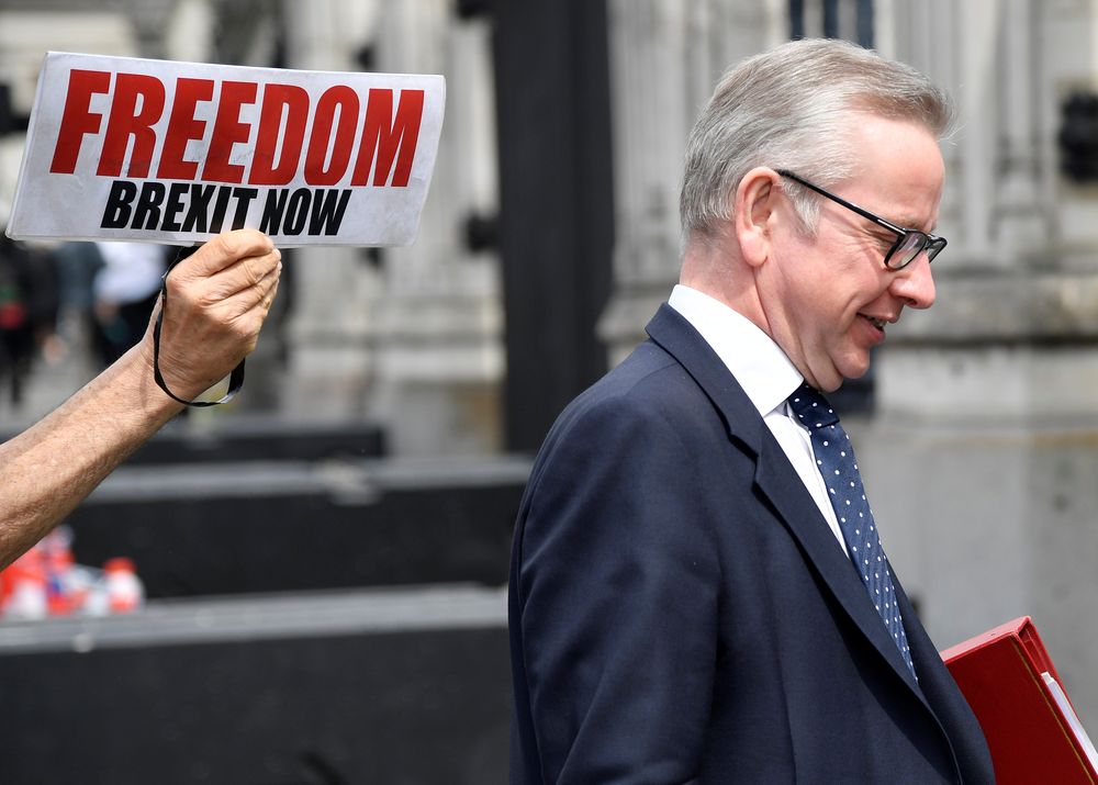 A pro-Brexit protester holds a placard near Environment Secretary Michael Gove, ahead of the forthcoming EU elections, outside of the Houses of Parliament in London, May 22, 2019. u00e2u20acu201d Reuters pic