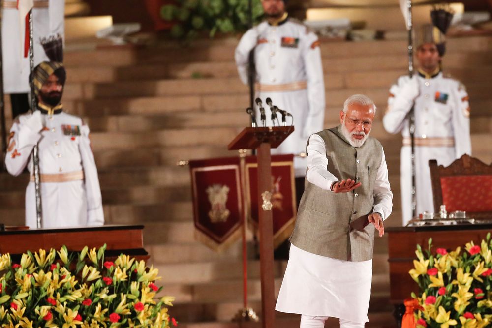 Indiau00e2u20acu2122s Prime Minister Narendra Modi gestures towards supporters after his oath during a swearing-in ceremony at the presidential palace in New Delhi, India, May 30, 2019. u00e2u20acu201d Reuters pic