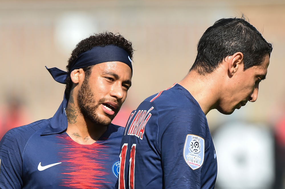 Paris Saint-Germainu00e2u20acu2122s forward Neymar talks to midfielder Angel Di Maria during the French L1 football match between Angers (SCO) and PSG, May 11, 2019, at Raymond-Kopa Stadium, in Angers, France. u00e2u20acu201d AFP pic 