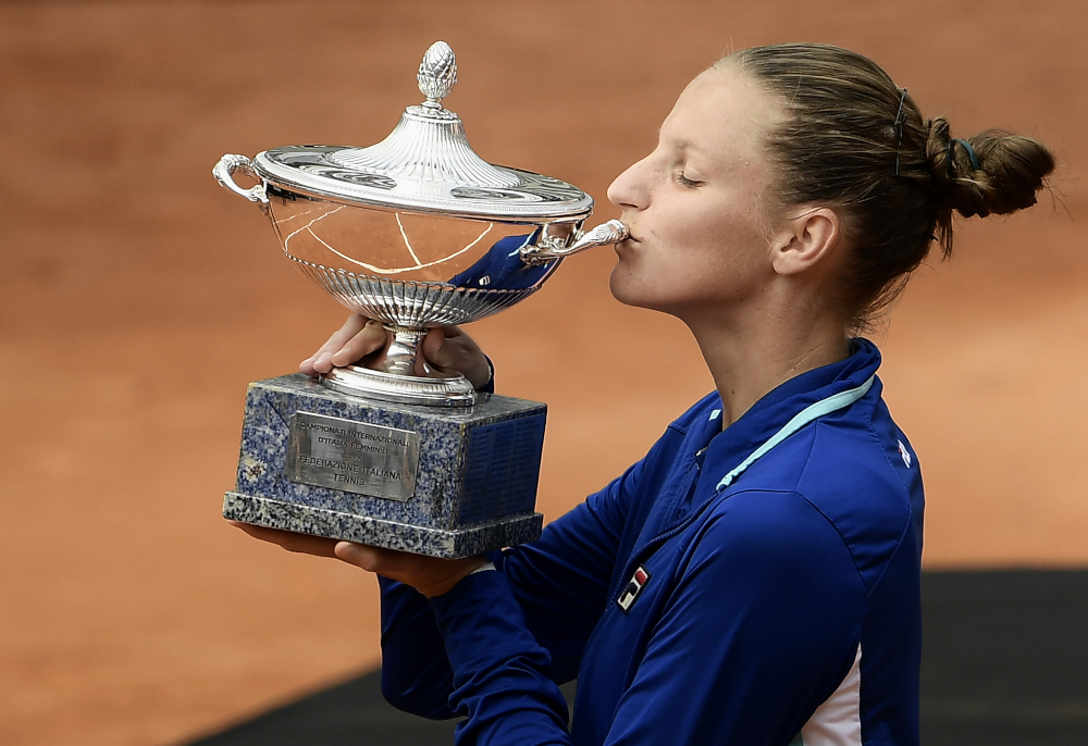 Czech Republicu00e2u20acu2122s Karolina Pliskova kisses the trophy after winning against Britainu00e2u20acu2122s Johanna Konta the WTA Masters tournament final tennis match at the Foro Italico camp in Rome, May 19, 2019. u00e2u20acu201d AFP pic 