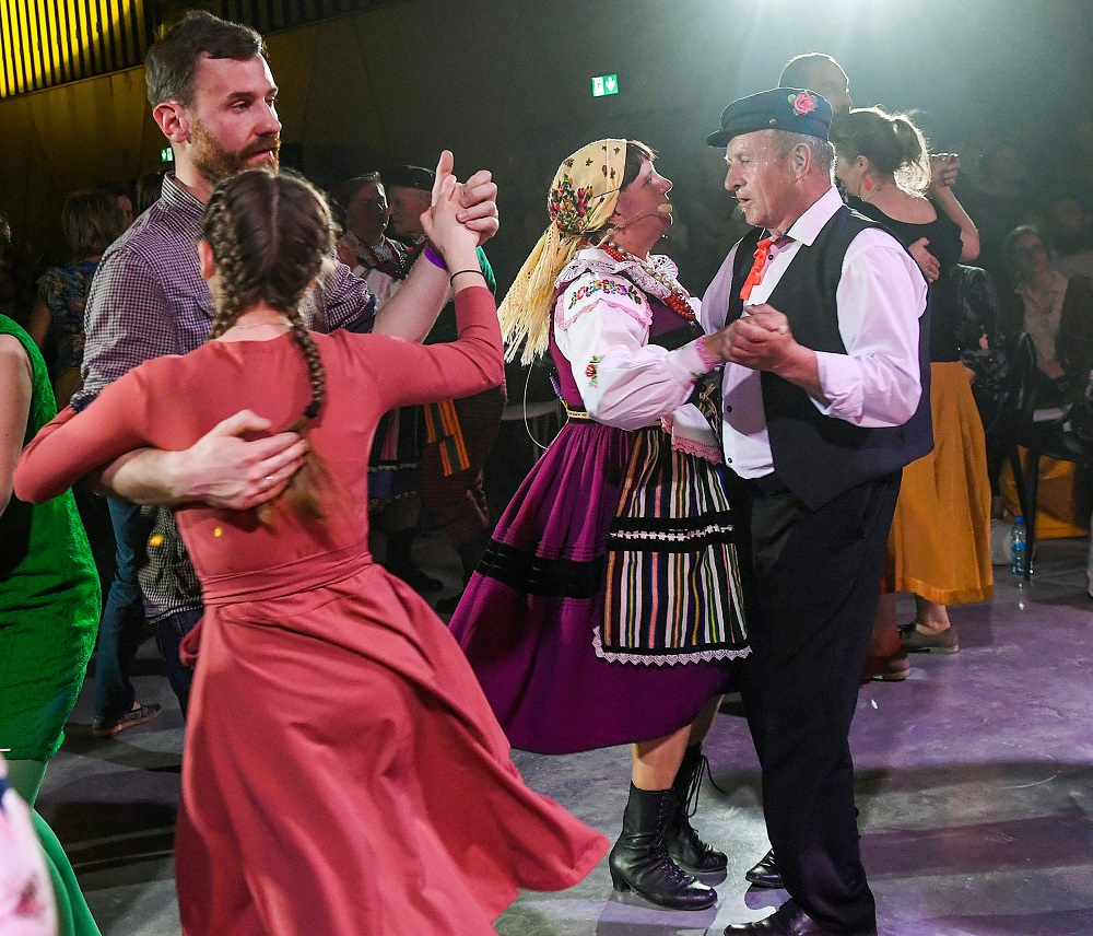 A Polish couple dressed in traditional costumes and others dance the countryu00e2u20acu2122s mazurka folk dance in Warsaw on April 26, 2019. u00e2u20acu201d AFP pic           