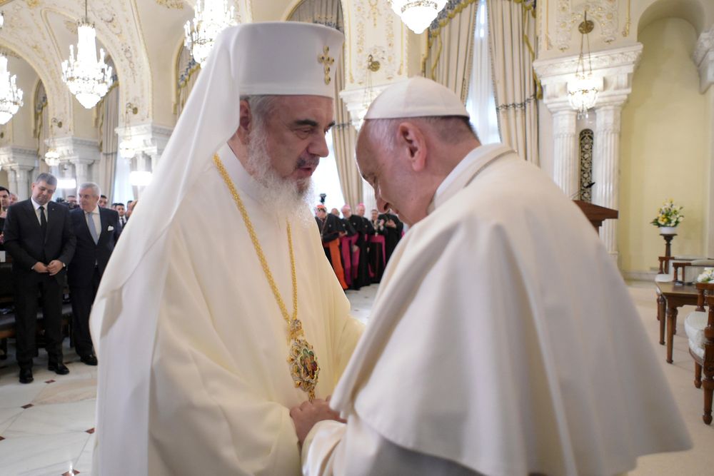Pope Francis meets with Romanian Orthodox Patriarch Daniel, in Bucharest, Romania May 31, 2019. u00e2u20acu201d Vatican Media/Handout pic via Reuters
