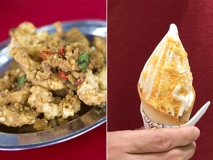 A dish of 'sotong' (squid) smothered with 'ham dan wong' (salted egg yolk in Cantonese) (left). Salted egg yolk ice cream, anyone? (right)