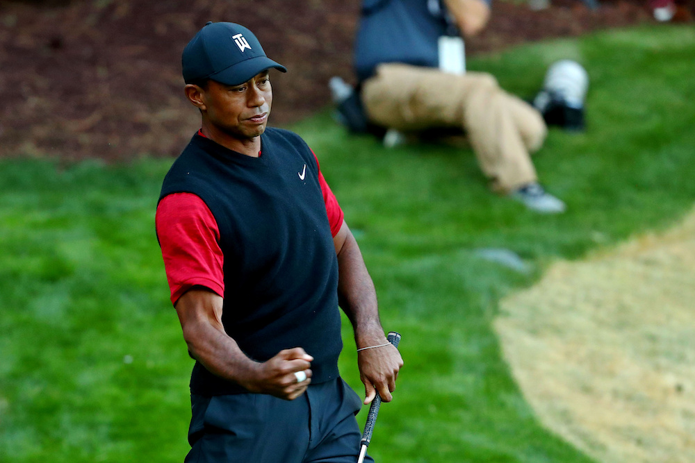 Tiger Woods reacts to chipping in for birdie on the 17th hole during The Match at Shadow Creek Golf Course in Las Vegas, Nevada, May 11, 2019. u00e2u20acu201d Reuters picnn