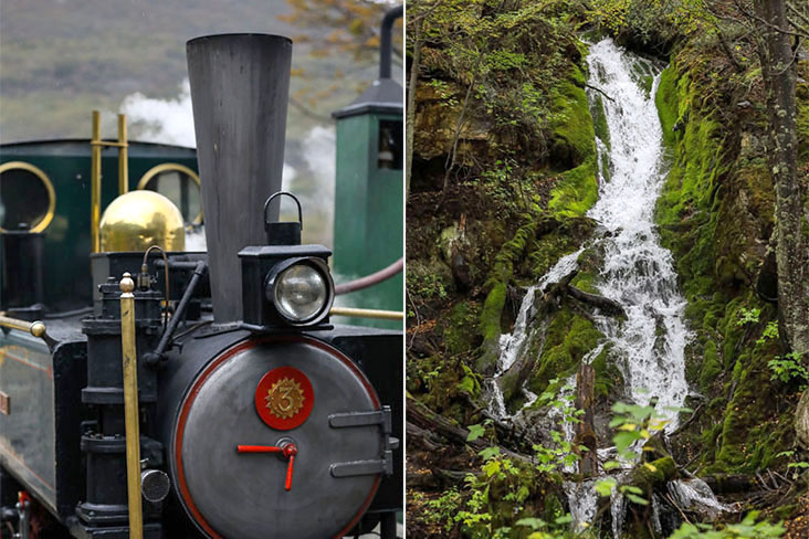 The steam locomotive Camila was constructed in 1995 in the UK (left). The thunderous Macarena Waterfall (right)