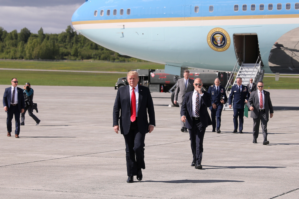 US President Donald Trump arrives aboard Air Force One during a refuelling stop on his way to Japan at Joint Base Elmendorf, Alaska, US May 25, 2019. u00e2u20acu201d Reuters picnn