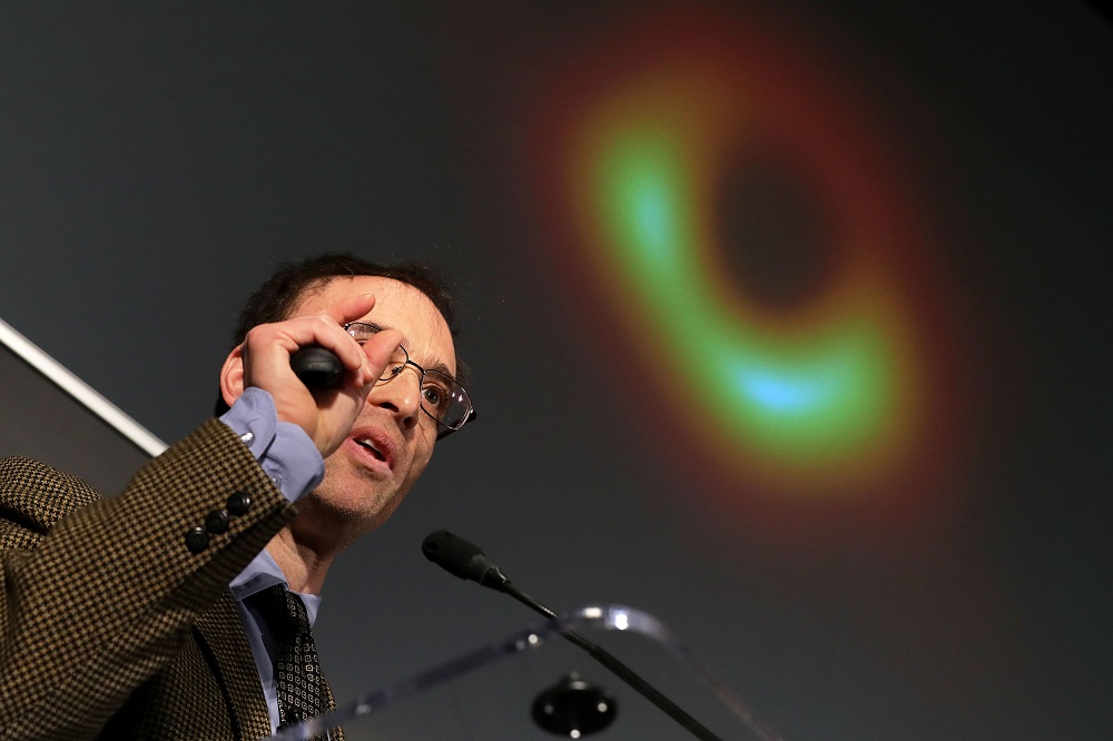 Event Horizon Telescope Director Sheperd Doeleman reveals the first photograph of a black hole during a news conference organised by the National Science Foundation at the National Press Club in Washington April 10, 2019. u00e2u20acu201d AFP pic        