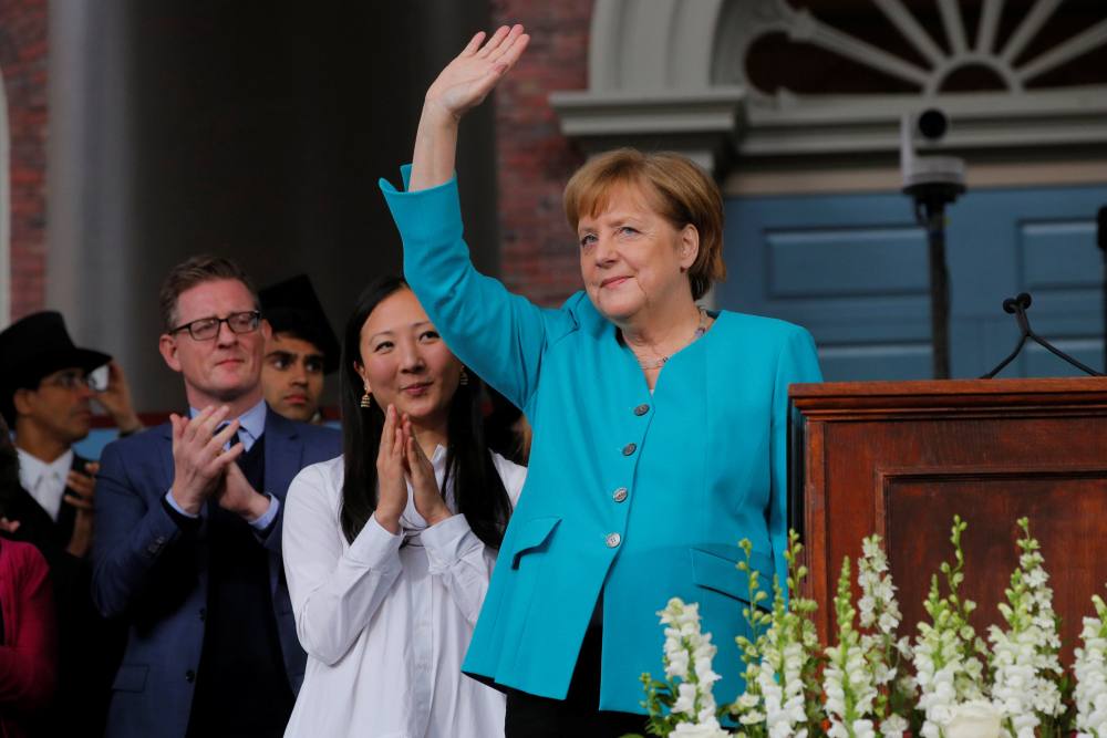 German Chancellor Angela Merkel waves after delivering the Commencement Address during the 368th Commencement Exercises at Harvard University in Cambridge, Massachusetts May 30, 2019. u00e2u20acu2022 Reuters pic