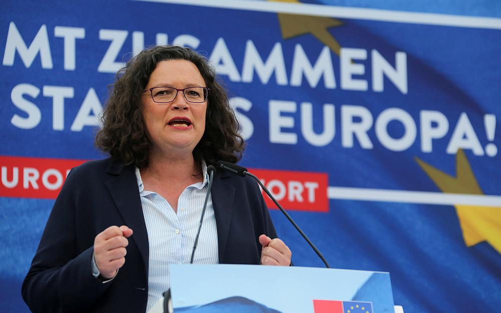 Social Democratic Party (SPD) leader Andrea Nahles speaks during an EU election campaign rally in Saarbruecken, Germany May 3, 2019. u00e2u20acu201d Reuters pic