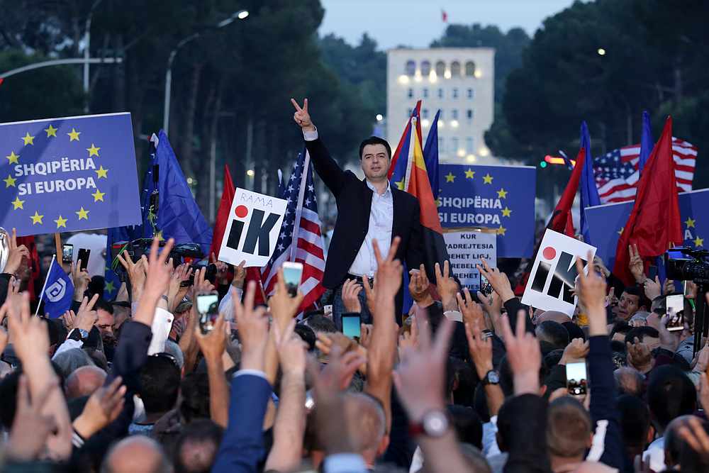 Albania's opposition Democratic Party leader Lulzim Basha gestures as he speaks during an anti-government protest in front of the Parliament in Tirana May 25, 2019. u00e2u20acu201d Reuters pic