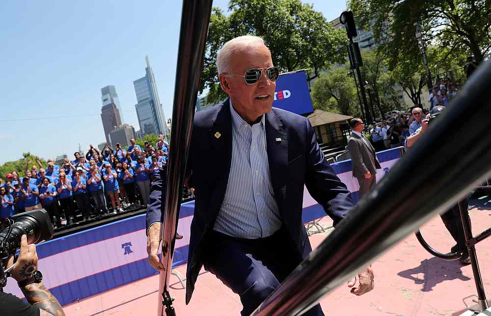 US Democratic presidential candidate and former Vice President Joe Biden runs up the steps onto the stage to begin his campaign for the 2020 Democratic presidental nomination in Philadelphia, Pennsylvania May 18, 2019.  u00e2u20acu201d Reuters pic