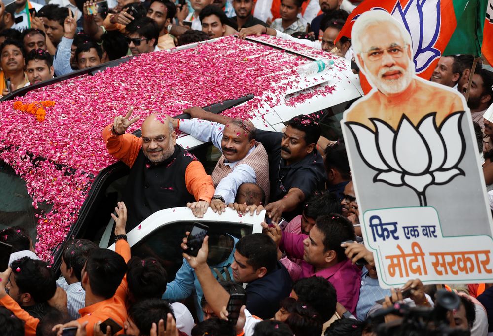 BJP President Amit Shah arrives at the party headquarters after learning the initial election results, in New Delhi, India, May 23, 2019. u00e2u20acu201d Reuters pic