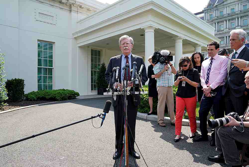 White House national security adviser John Bolton answering questions outside the White House in Washington April 30, 2019. u00e2u20acu201d Reuters pic