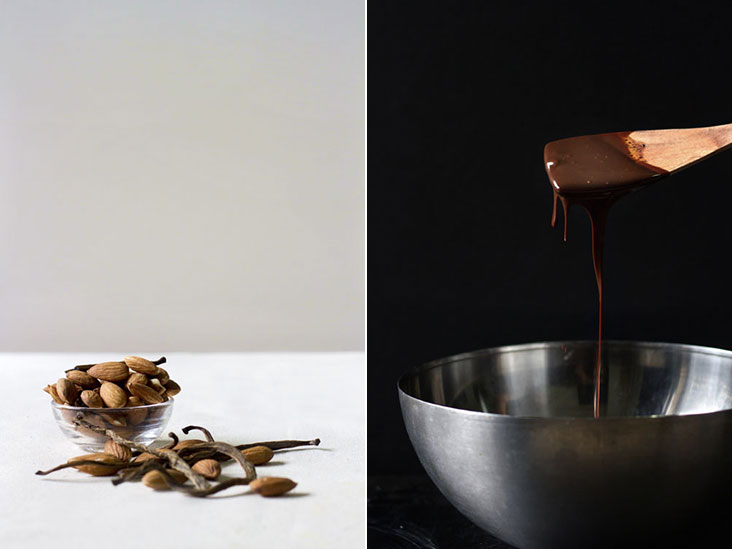 Toasted almonds and fresh vanilla add a luxurious touch to this dessert (left). Liquid manna: dark chocolate ganache (right).