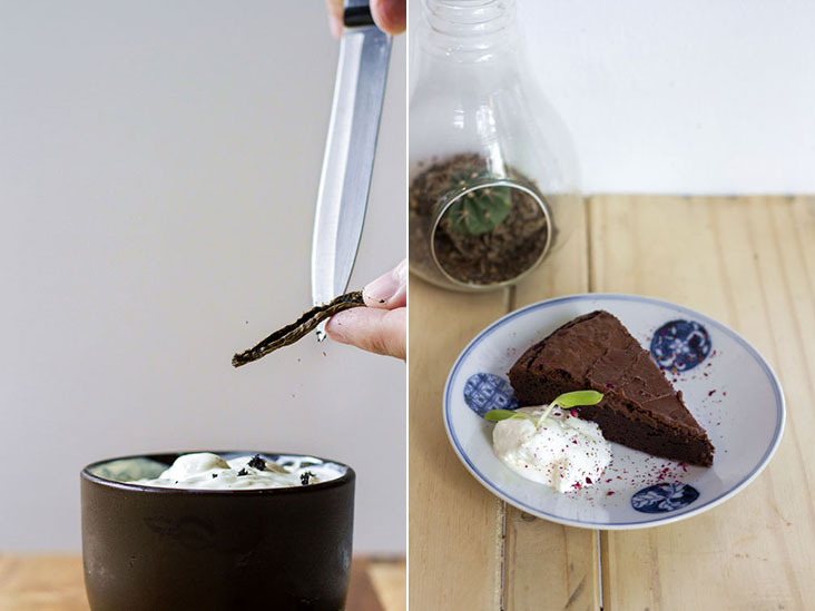 Scrape the vanilla seeds directly from the pod onto the 'crème fraîche' (left). Nutty chocolate fudge brownie with dark chocolate ganache and vanilla cream (right).