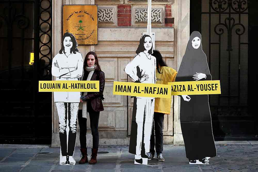Demonstrators from Amnesty International stage a protest to urge Saudi authorities to release jailed women's rights activists outside the Saudi Arabian Embassy in Paris March 8, 2019. u00e2u20acu201d Reuters pic