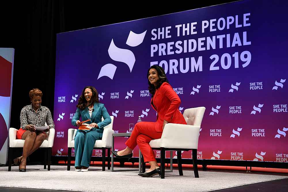 US Democratic presidential candidate Tulsi Gabbard (right) during a forum by political analyst Joy Reid (left) and Aimee Allison in Houston, Texas April 24, 2019. u00e2u20acu201d Reuters pic