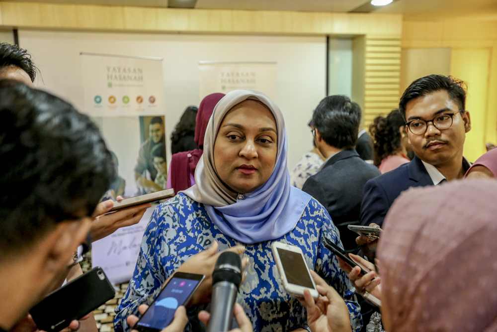 Yayasan Hasanah managing director, Shahira Ahmed Bazari, speaks to reporters after launch of The Hasanah Report 2018 in Kuala Lumpur May 14, 2019. — Picture by Firdaus Latif