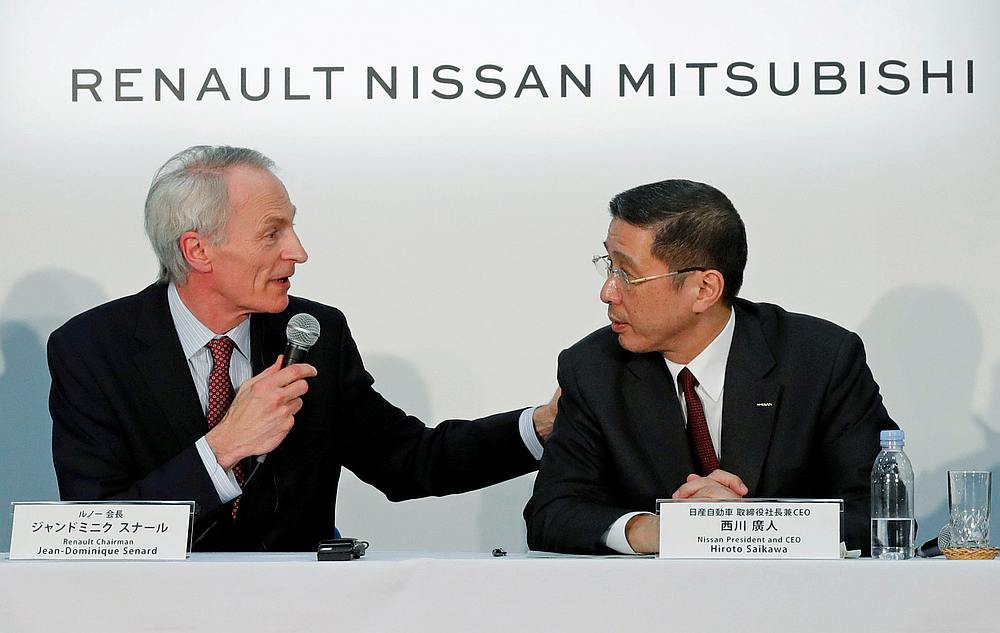 Renault chairman Jean-Dominique Senard and Nissan CEO Hiroto Saikawa attend a joint news conference in Yokohama, Japan March 12, 2019. u00e2u20acu201d Reuters pic