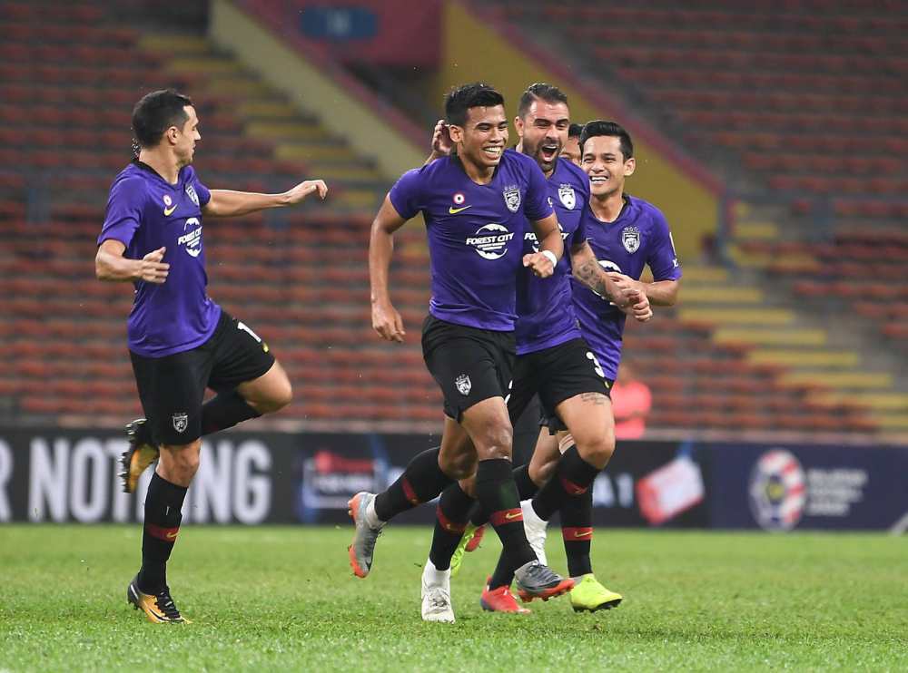 JDTu00e2u20acu2122s Muhammad Safawi Rasid (second left) celebrates after scoring the first goal against PKNS FC in Shah Alam May 17, 2019. u00e2u20acu2022 Bernama pic