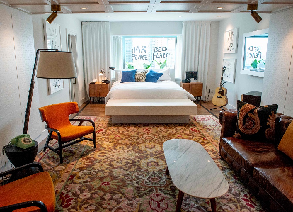 Room 1742 at the Queen Elizabeth Hotel in Montreal on May 23, 2019, which is part of the exhibit of the Lennon-Ono Bed-Ins for Peace. — AFP pic  