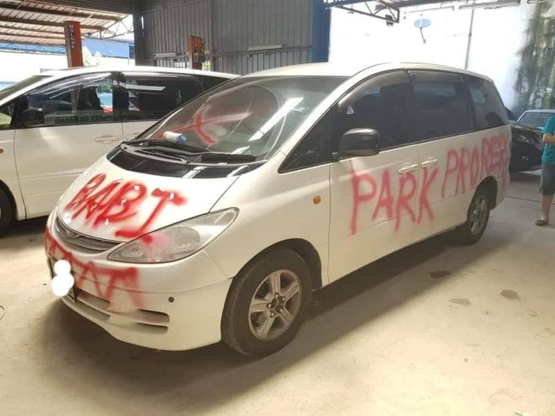 A car in Kuala Lumpur was spray painted in red over alleged bad parking. u00e2u20acu2022 Picture via Facebook/mcclubz