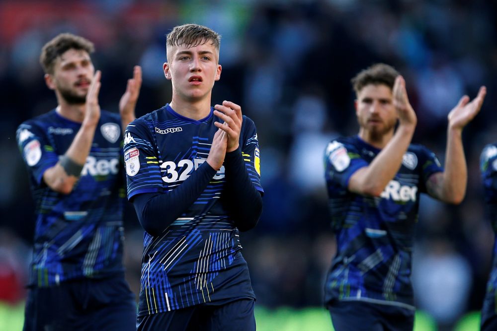 Leeds United's Jack Clarke applauds fans after the match against Derby County with team mates. u00e2u20acu201d Reuters pic