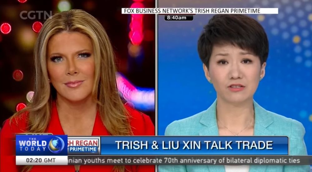 The showdown between Liu Xin of Chinau00e2u20acu2122s state-run English channel CGTN and Fox Business Network host Trish Regan was aired yesterday evening in the United States. u00e2u20acu201d YouTube screencap
