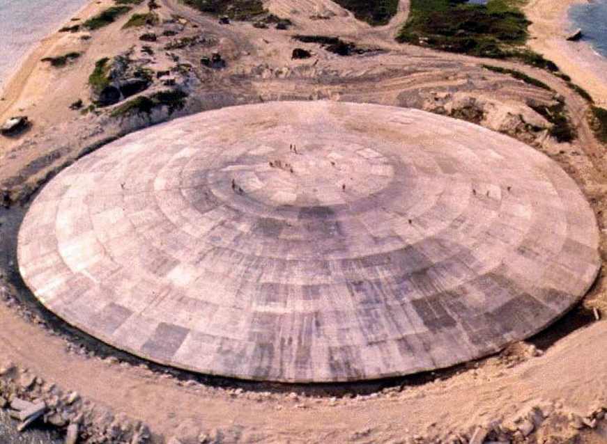 Huge dome built over top of a crater left by one of the 43 nuclear nuclear tests over Runit Island in Enewetak in the Marshall Islands in 1980. u00e2u20acu201d US Defence Nuclear Agency pic via AF