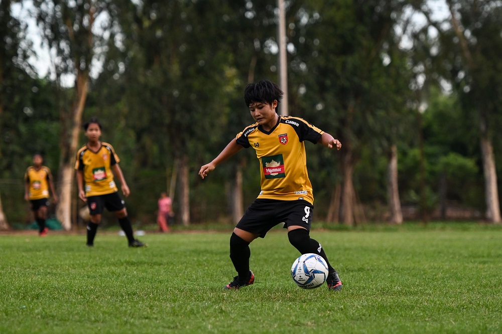 This photo taken on May 3, 2019 shows Myanmaru00e2u20acu2122s U-19 football player San Thaw Thaw taking part in a training session in Yangon. u00e2u20acu201d AFP pic  