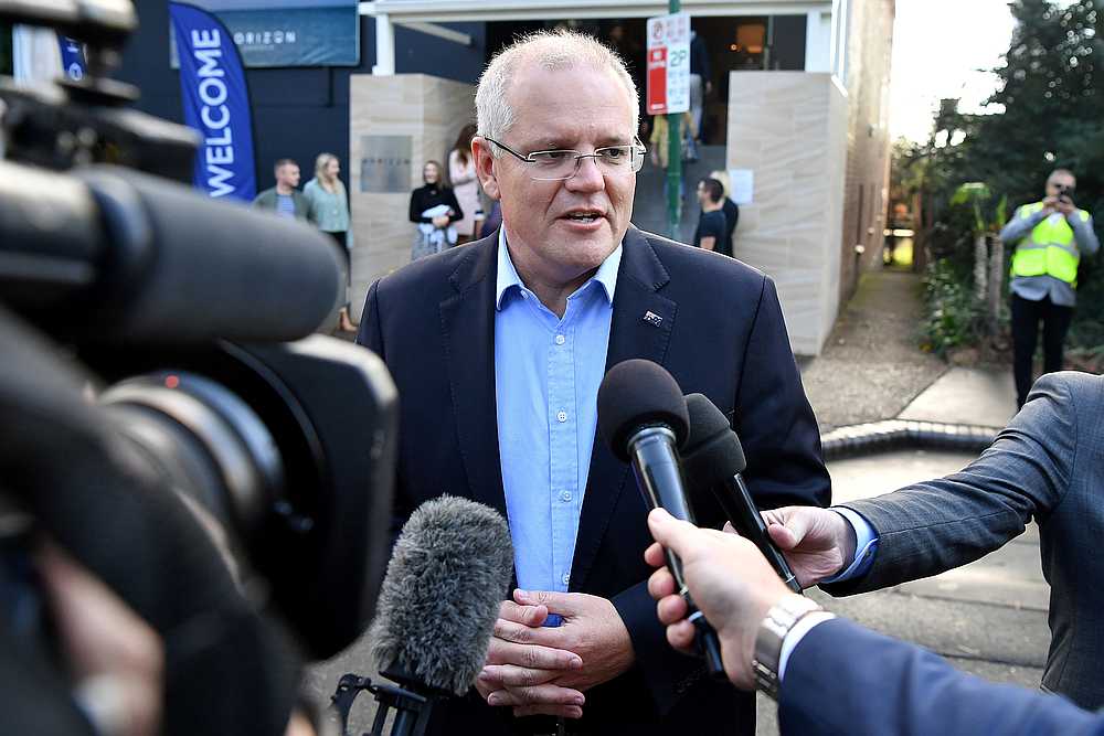 Australian Prime Minister Scott Morrison speaks to the media at the Horizon Church in Sutherland in Sydney May 19, 2019. u00e2u20acu201d AAP Image/Joel Carrett pic via Reuters