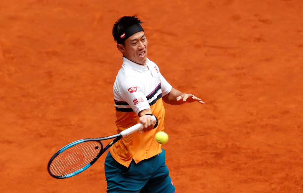 Japanu00e2u20acu2122s Kei Nishikori in action during his Madrid Open second round match against Boliviau00e2u20acu2122s Hugo Dellien at The Caja Magica, Madrid May 8, 2019. u00e2u20acu201d Reuters pic