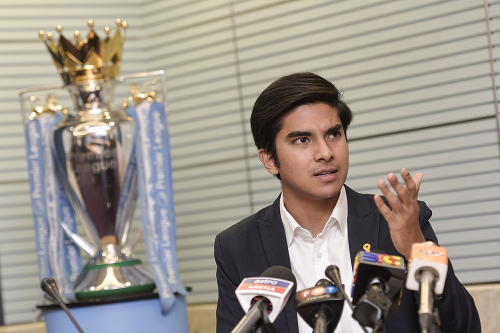 Youth and Sports Minister Syed Saddiq Abdul Rahman speaks during a press conference after a meeting with the top management of Manchester City in Putrajaya May 23, 2019. u00e2u20acu201d Picture by Miera Zulyana