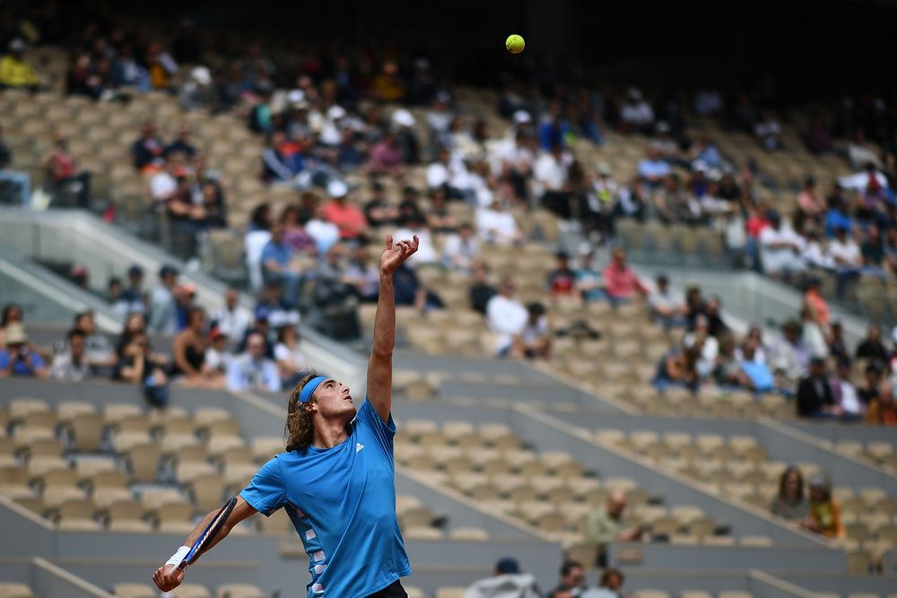 Stefanos Tsitsipas serves the ball to Maximilian Marterer during their menu00e2u20acu2122s singles first round match on day 1 of The Roland Garros 2019 French Open tournament in Paris, May 26, 2019. u00e2u20acu201d AFP pic