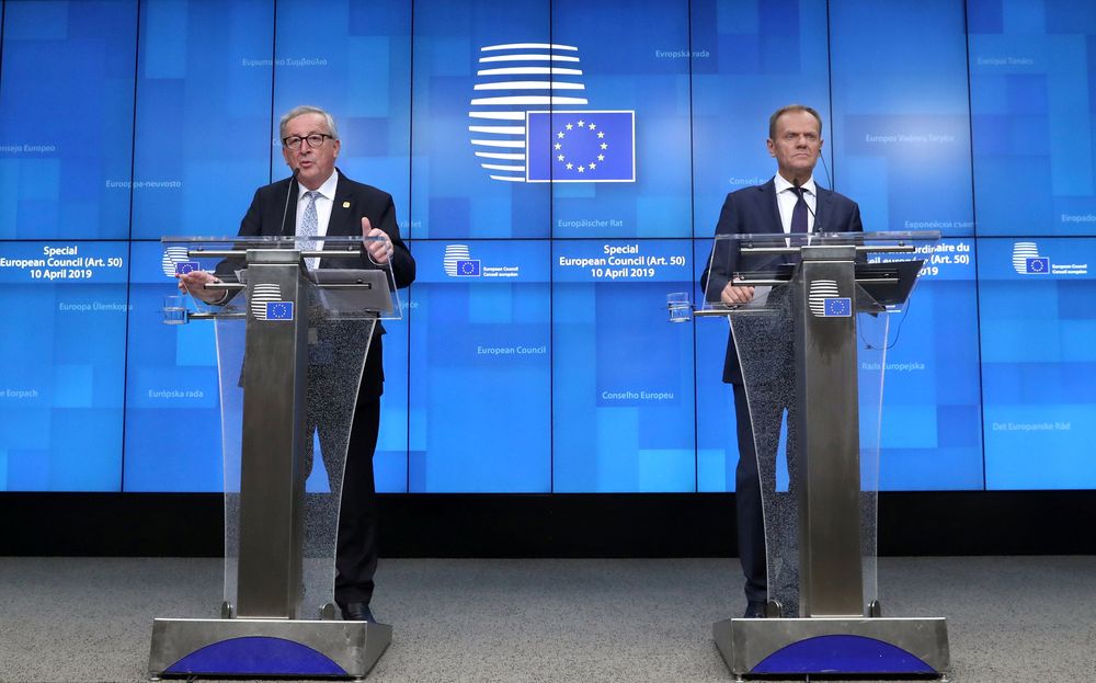 File picture shows European Commission President Jean-Claude Juncker and European Council President Donald Tusk holding a news conference after an extraordinary European Union leaders summit in Brussels, April 11, 2019. u00e2u20acu201d Reuters pic