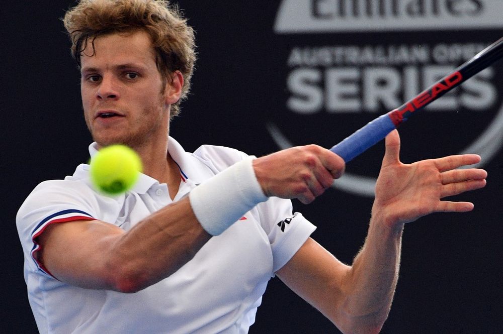File picture shows Yannick Hanfmann hitting a return against Ryan Harrison during their menu00e2u20acu2122s singles second round match, January 4, 2018 at the Brisbane International tennis tournament at the Pat Rafter Arena. u00e2u20acu201d AFP pic