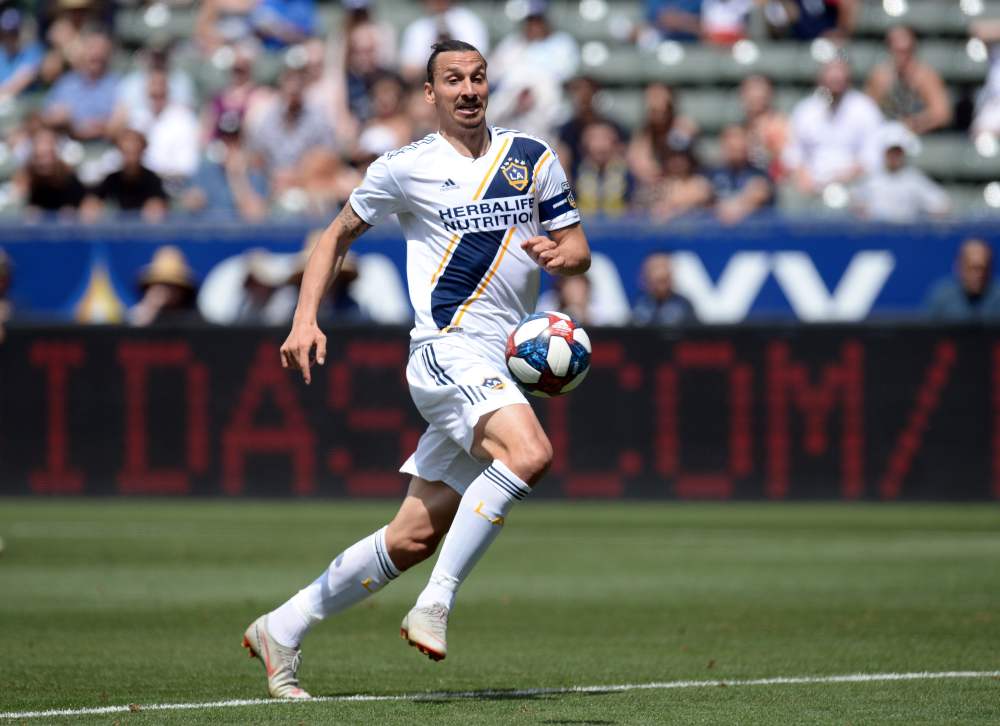 LA Galaxy forward Zlatan Ibrahimovic (9) moves in for a shot on goal against New York City FC during the second half at StubHub Center, May 11, 2019. Picture by Gary A. Vasquez-USA TODAY Sports via Reuters