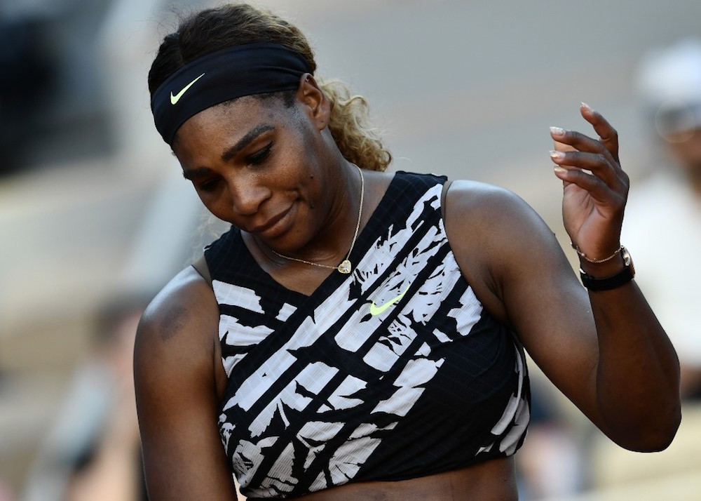 Serena Williams of the US reacts during her women’s singles third-round match against Sofia Kenin of the US at the 2019 French Open in Paris June 1, 2019. — AFP pic