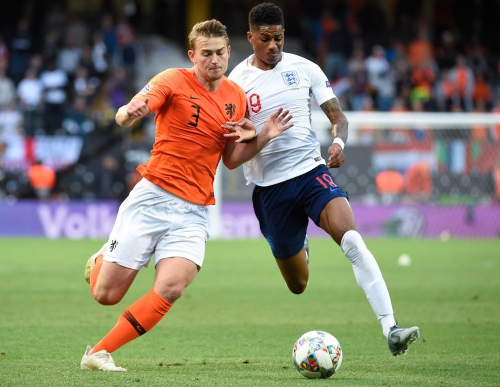 Netherlandsu00e2u20acu2122 Matthijs De Ligt challenges Englandu00e2u20acu2122s Marcus Rashford during the Uefa Nations League semi-final match at the Afonso Henriques Stadium in Guimaraes June 6, 2019. u00e2u20acu201d AFP pic