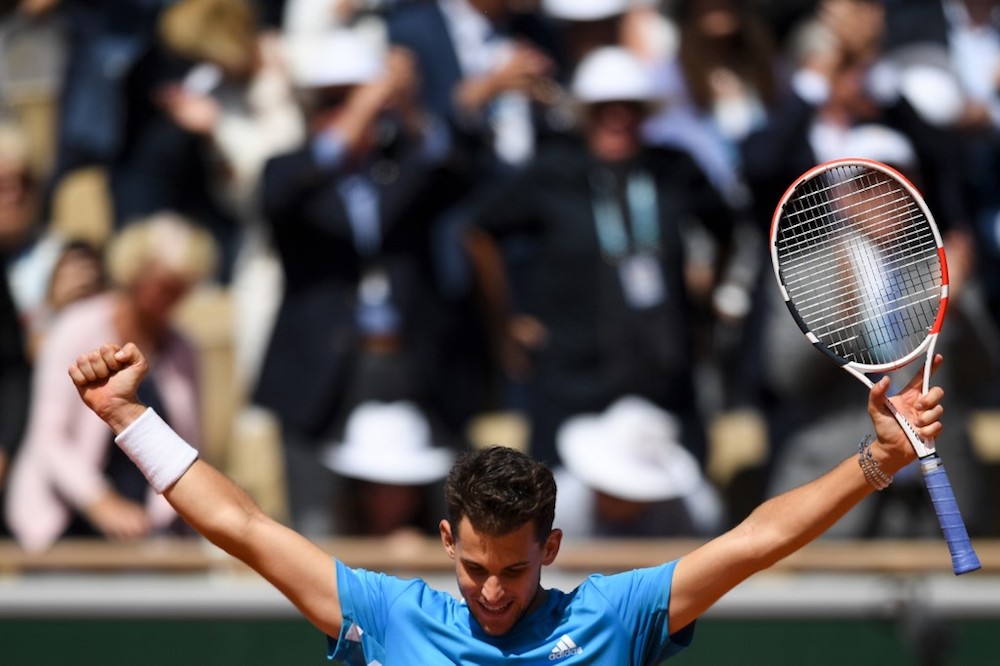 Austriau00e2u20acu2122s Dominic Thiem celebrates after winning against Serbiau00e2u20acu2122s Novak Djokovic at the end of their menu00e2u20acu2122s singles semi-final match at the 2019 French Open in Paris June 8, 2019. u00e2u20acu201d AFP pic