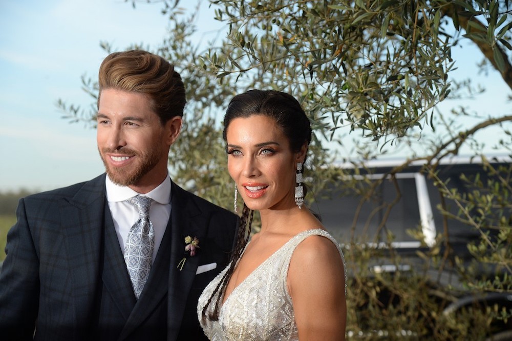 Real Madridu00e2u20acu2122s Sergio Ramos and his wife Pilar Rubio pose as they arrive for their wedding reception at Bollullos de la Mitacion, near Seville, June 15, 2019. u00e2u20acu201d AFP pic
