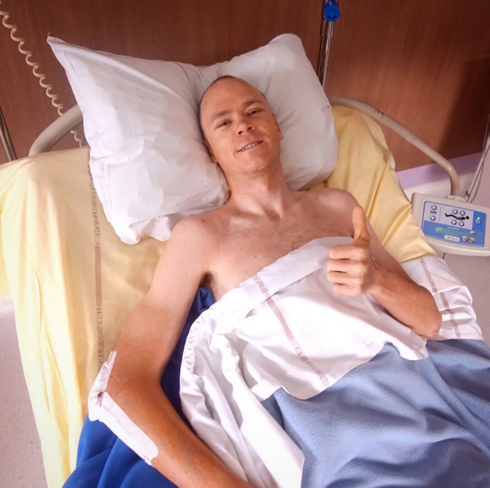 Team Ineos rider Christopher Froome gestures at the University Hospital of Saint-Etienne, central eastern France, June 15, 2019. u00e2u20acu201d AFP pic