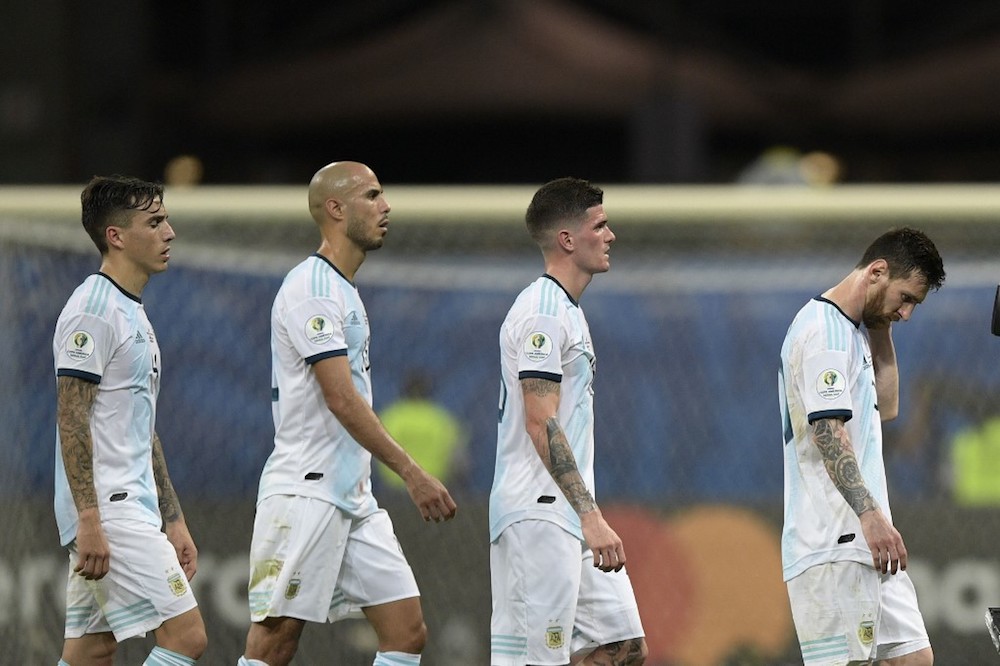 Argentina players leave the field after being defeated 2-0 by Colombia in a Copa America group match in Salvador, Brazil June 15, 2019. — AFP pic