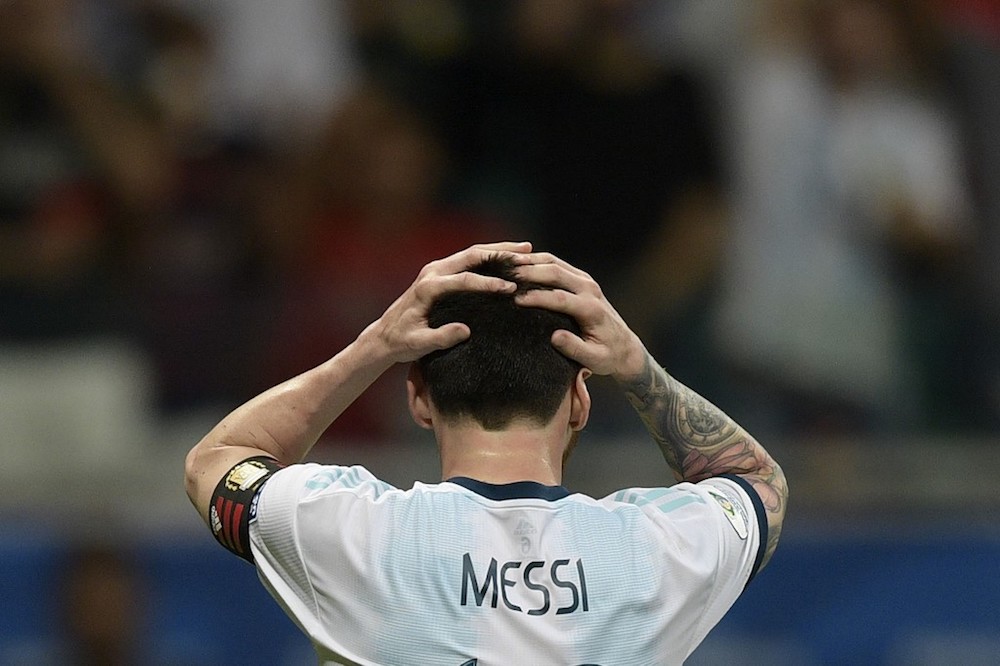 Argentinau00e2u20acu2122s Lionel Messi gestures after missing a goal opportunity against Colombia during their Copa America group match at the Fonte Nova Arena in Salvador, Brazil June 15, 2019. u00e2u20acu201d AFP pic