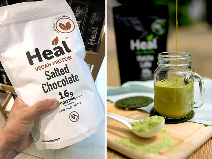 For a non-dairy option, try Heal Vegan Protein made with pea protein (left). The Heal High Protein Matcha Latte flavour for a taste of real green tea (right)