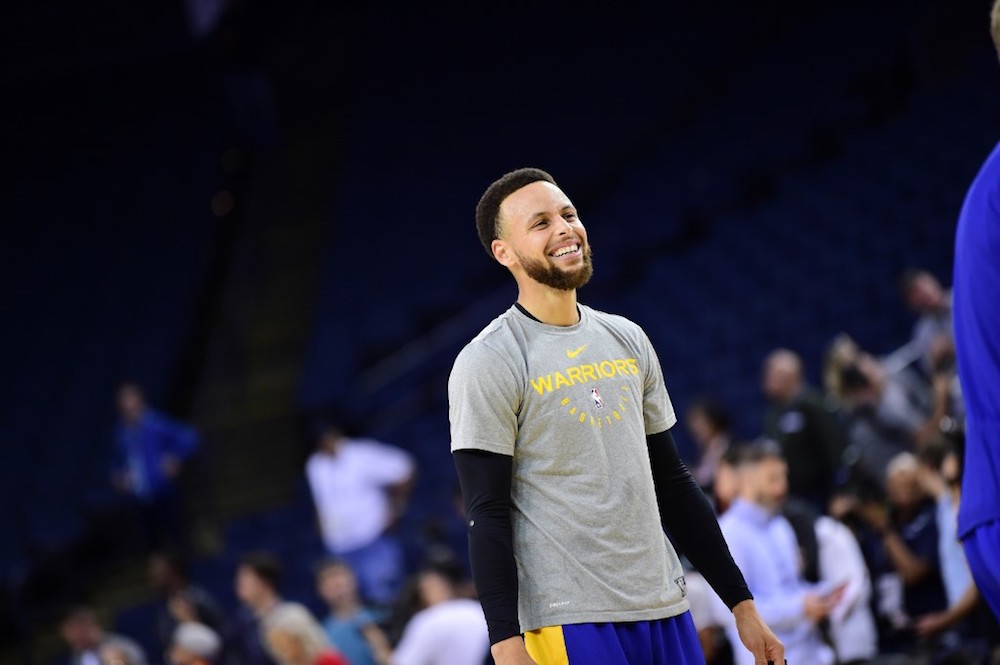 Stephen Curry of the Golden State Warriors smiles during practice and media availability as part of the 2019 NBA Finals at Oracle Arena in Oakland, California June 4, 2019. u00e2u20acu201d AFP pic