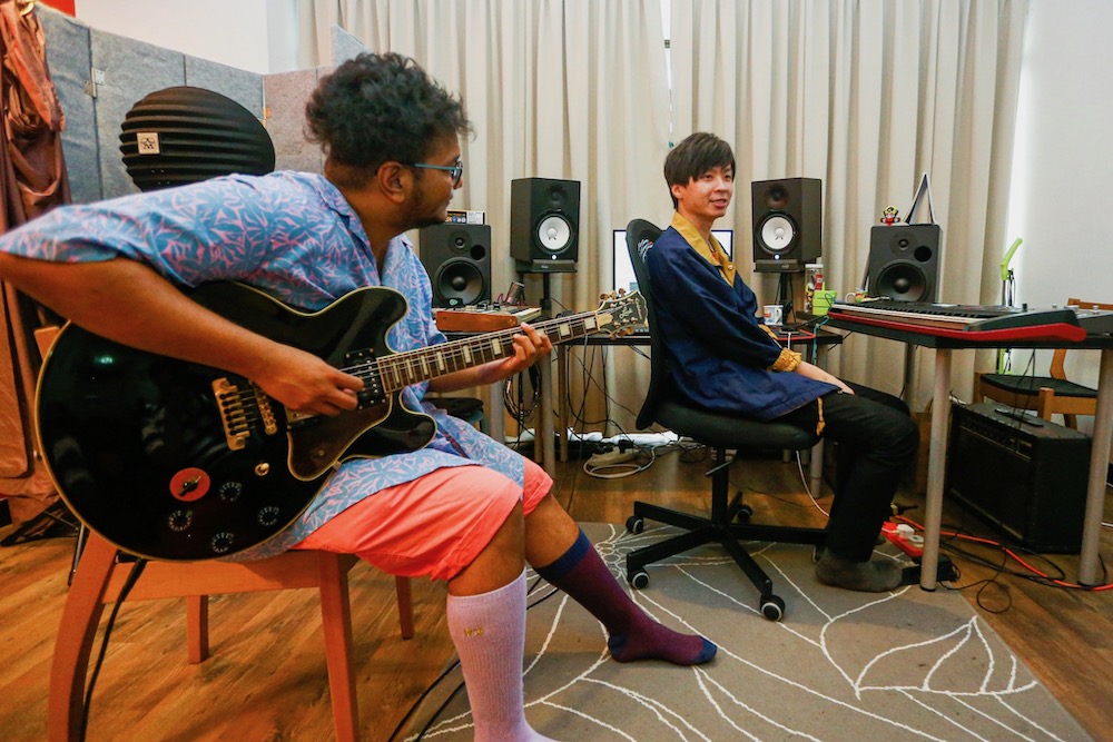 Lopez and Lost Spaces’ keyboard player Lim Hong Koon practising in their studio. — Picture by Hari Anggara