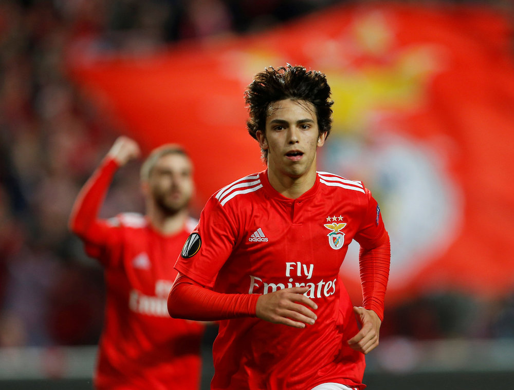 Benficau00e2u20acu2122s Joao Felix celebrates scoring their first goal during the Europa League quarter-final first leg match with Eintracht Frankfurt at Estadio da Luz in Lisbon April 11, 2019. u00e2u20acu201d Reuters pic
