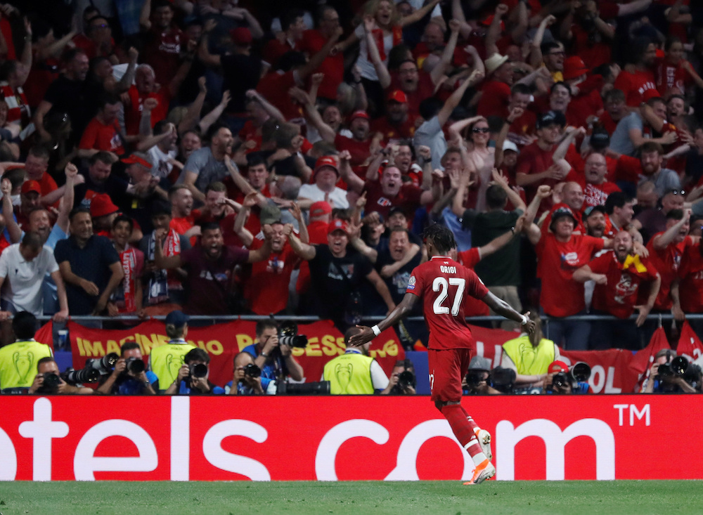 Liverpoolu00e2u20acu2122s Divock Origi celebrates scoring their second goal during the Uefa Champions League final with Tottenham Hotspur at Wanda Metropolitano in Madrid June 1, 2019. u00e2u20acu201d Reuters pic